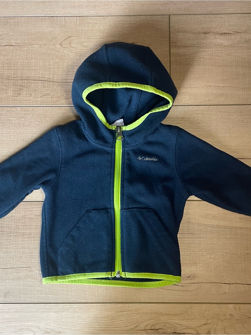 Columbia Baby 6-12 Month Navy Blue Hooded Zip-Up Fleece Jacket with Lime Trim